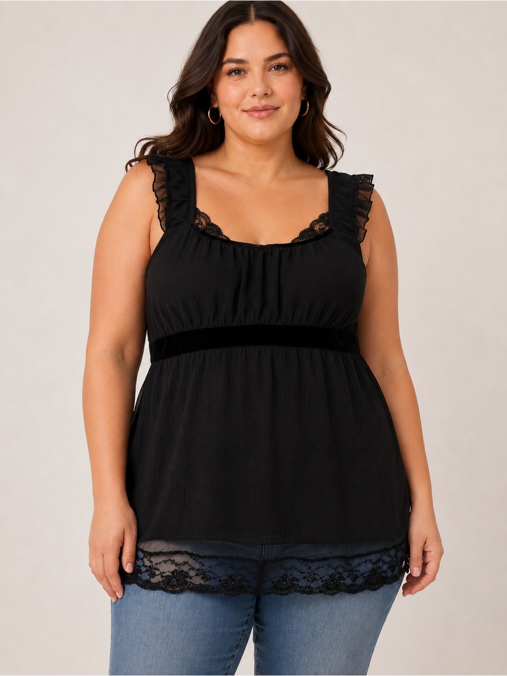 Penningtons Black Chiffon Lace Velvet Babydoll Top Size 18 Romantic Goth
